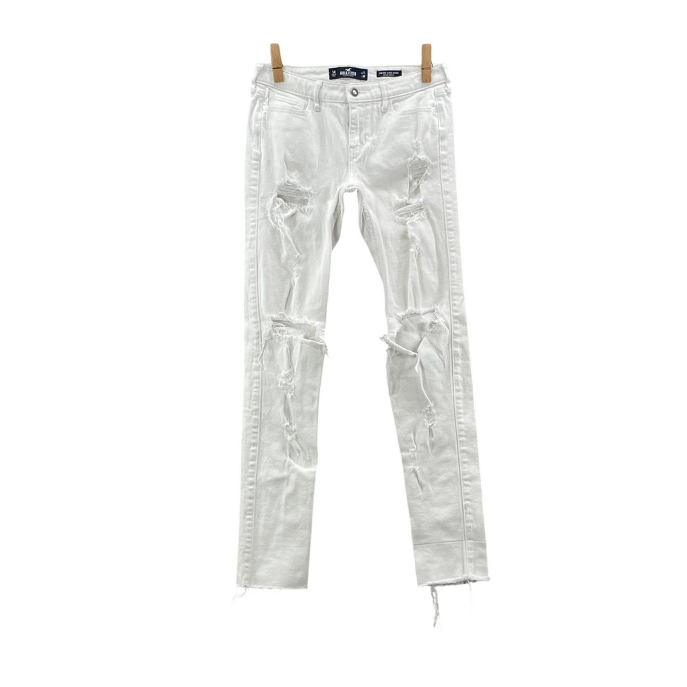 Hollister Super Skinny Jeans Women's W27 White Distressed Low Rise Raw Hem Denim